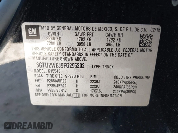 2015 GMC Sierra 1500 Denali with VIN 3GTU2WEJ9FG295202, listed as a IAAI auction lot 42046744 with 134,120 mi miles and . Bid and sale history available at DreamBid. Image 9.