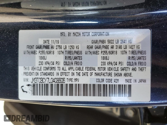 2020 Mazda CX-9 Touring with VIN JM3TCBCY7L0408606, listed as a Copart auction lot 47992115 with 171,432 mi miles and Salvage Title. Bid and sale history available at carsss.com. Image 16.