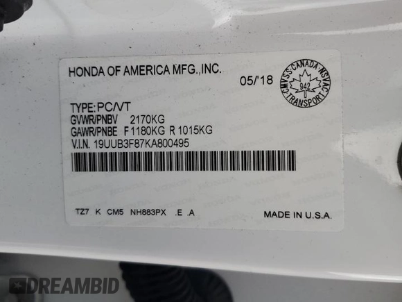 2019 Acura TLX w/Advance Pkg with VIN 19UUB3F87KA800495, listed as a Copart auction lot 82974504 with 67,054 mi miles and Salvage Title. Bid and sale history available at carsss.com. Image 12.