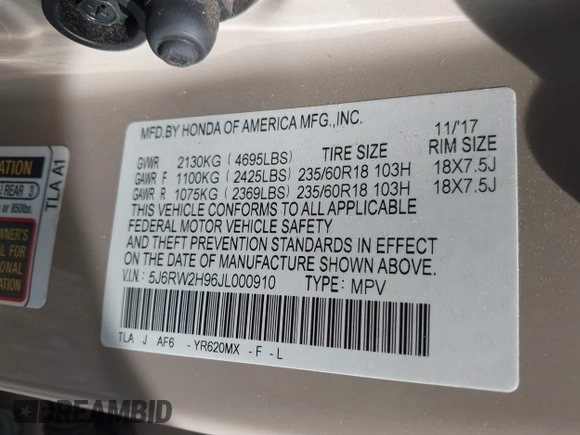 2018 Honda CR-V Touring with VIN 5J6RW2H96JL000910, listed as a IAAI auction lot 42490580 with 201,534 mi miles and . Bid and sale history available at DreamBid. Image 9.