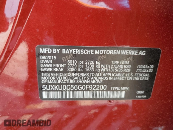 2016 BMW X6 sDrive35i with VIN 5UXKU0C56G0F92200, listed as a Copart auction lot 72515712 with 75,500 mi miles. Bid and sale history available at carsss.com. Image 15.