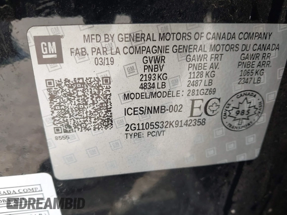 2019 Chevrolet Impala Premier with VIN 2G1105S32K9142358, listed as a IAAI auction lot 41821589 with 96,988 mi miles and . Bid and sale history available at DreamBid. Image 9.