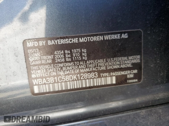 2013 BMW 3 Series 320i with VIN WBA3B1C58DK128983, listed as a Copart auction lot 61919185 with 155,698 mi miles and Clean title. Bid and sale history available at DreamBid. Image 12.
