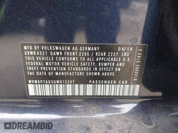 2016 Volkswagen Golf SE с VIN WVWKP7AU3GW912207, выставлен на аукционе IAAI как лот 42101054 с пробегом 80 238 миль миль и . История ставок и продаж доступна на DreamBid. Изображение 9.