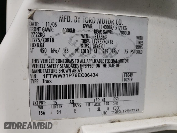 2006 Ford F-350 XL with VIN 1FTWW31P76EC06434, listed as a Copart auction lot 88783425 with 256,189 mi miles and Salvage Title. Bid and sale history available at DreamBid. Image 12.