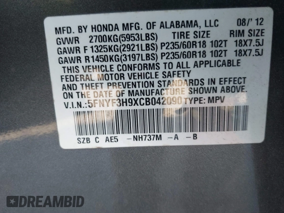 2012 Honda Pilot Touring with VIN 5FNYF3H9XCB042090, listed as a IAAI auction lot 41751359 with 140,424 mi miles and . Bid and sale history available at carsss.com. Image 9.