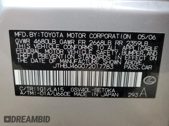 2007 Lexus ES 330 with VIN JTHBJ46G072017783, listed as a Copart auction lot 41894255 with 214,888 mi miles and Salvage Title. Bid and sale history available at DreamBid. Image 12.