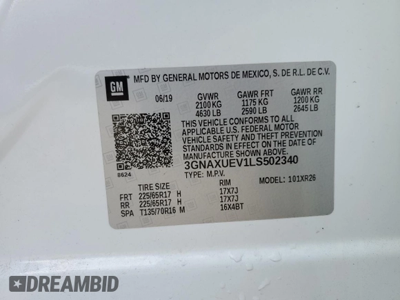 2020 Chevrolet Equinox LT with VIN 3GNAXUEV1LS502340, listed as a Copart auction lot 53732775 with 103,960 mi miles and Salvage Title. Bid and sale history available at DreamBid. Image 13.