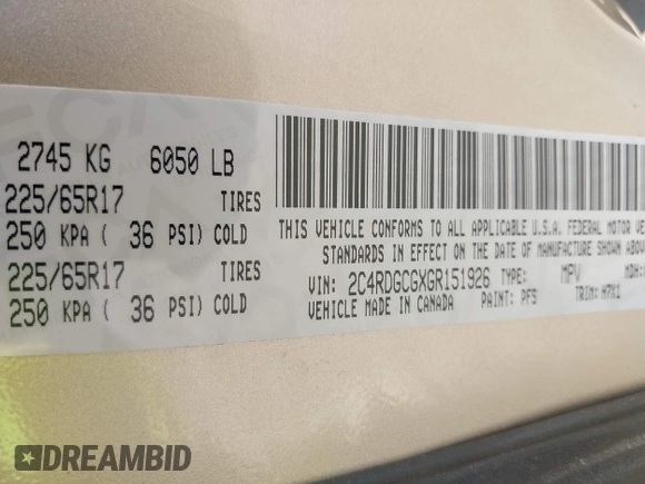 2016 Dodge Grand Caravan SXT with VIN 2C4RDGCGXGR151926, listed as a IAAI auction lot 41899225 with 69,456 mi miles. Bid and sale history available at carsss.com. Image 9.