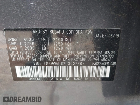 2020 Subaru Legacy Limited with VIN 4S3BWAL62L3002803, listed as a IAAI auction lot 42719146 with 50,263 mi miles and . Bid and sale history available at DreamBid. Image 9.