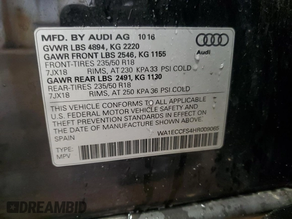 2017 Audi Q3 Premium z VIN WA1ECCFS4HR009065, wystawiony jako Copart lot #51981845 z przebiegiem 87 283 mil mil oraz Tytuł czysty. Historia ofert i sprzedaży dostępna na DreamBid. Obrazek 13.