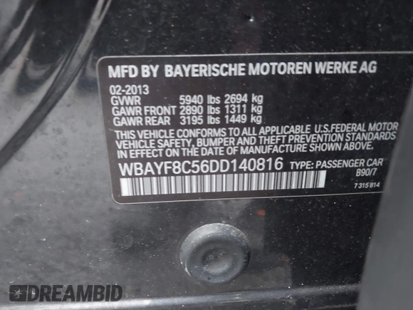 2013 BMW 7 Series 750Li xDrive with VIN WBAYF8C56DD140816, listed as a IAAI auction lot 41709920 with 157,842 mi miles and . Bid and sale history available at DreamBid. Image 9.