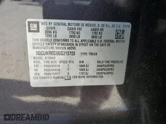 2016 Chevrolet Silverado 1500 LT with VIN 3GCUKREC0GG213703, listed as a Copart auction lot 47558925 with 126,015 mi miles and Salvage Title. Bid and sale history available at DreamBid. Image 13.