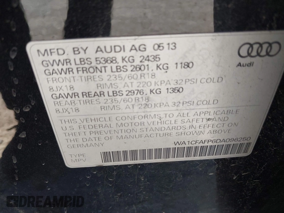2013 Audi Q5 Premium with VIN WA1CFAFP6DA096250, listed as a IAAI auction lot 41713498 with 131,090 mi miles. Bid and sale history available at carsss.com. Image 9.