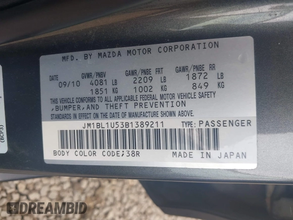 2011 Mazda 3 S Sport with VIN JM1BL1U53B1389211, listed as a IAAI auction lot 42213009 with 117,980 mi miles and . Bid and sale history available at DreamBid. Image 9.