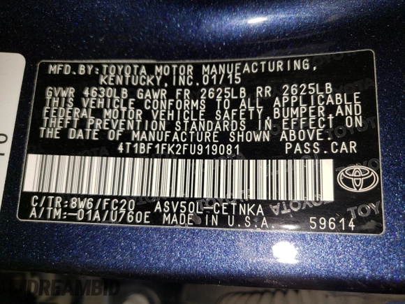 2015 Toyota Camry XLE z VIN 4T1BF1FK2FU919081, wystawiony jako Copart lot #54586885 z przebiegiem 84 855 mil mil oraz Szkoda całkowita • Salvage title. Historia ofert i sprzedaży dostępna na DreamBid. Obrazek 12.