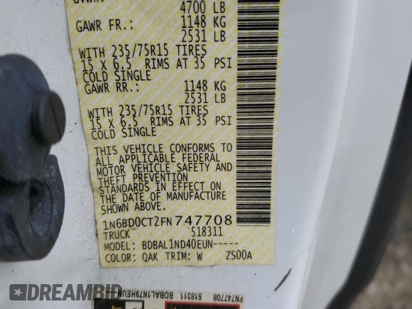 2015 Nissan Frontier S with VIN 1N6BD0CT2FN747708, listed as a Copart auction lot 57726115 with 173,370 mi miles and Salvage title. Bid and sale history available at DreamBid. Image 13.