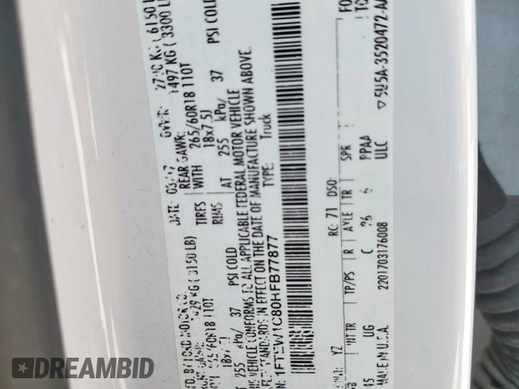 2017 Ford F-150 XL with VIN 1FTEW1C80HFB77877, listed as a Copart auction lot 61271855 with 189,185 mi miles and Salvage title. Bid and sale history available at DreamBid. Image 13.