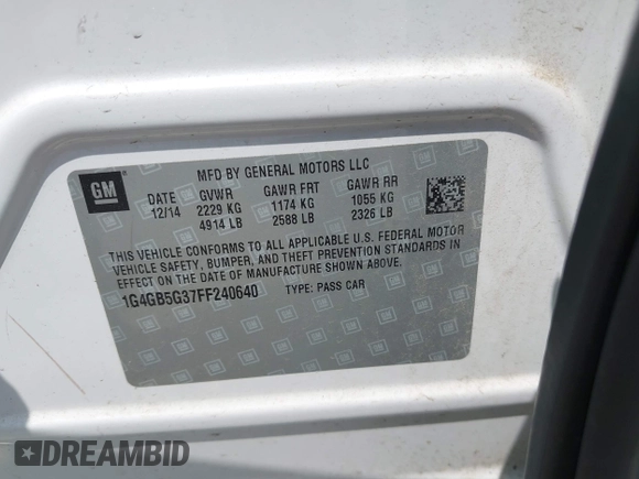 2015 Buick LaCrosse Leather with VIN 1G4GB5G37FF240640, listed as a IAAI auction lot 42470751 with 85,414 mi miles and . Bid and sale history available at DreamBid. Image 9.