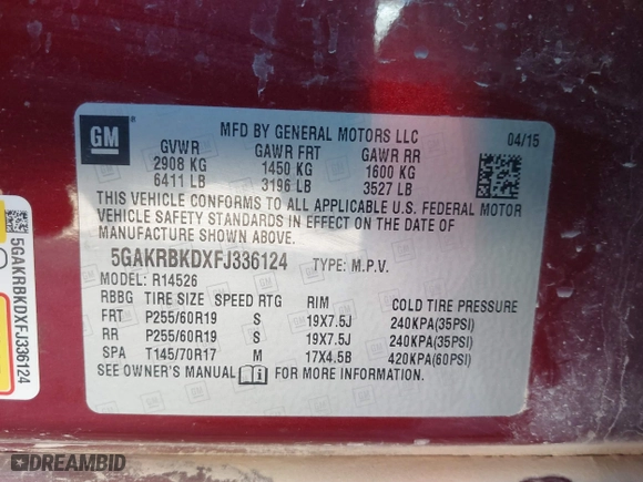 2015 Buick Enclave Leather with VIN 5GAKRBKDXFJ336124, listed as a IAAI auction lot 41833851 with 133,171 mi miles. Bid and sale history available at carsss.com. Image 9.