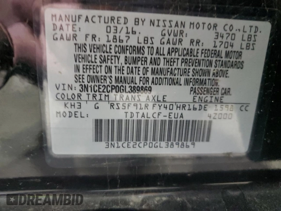 2016 Nissan Note S with VIN 3N1CE2CP0GL389869, listed as a Copart auction lot 53940255 with 151,858 mi miles and Salvage title. Bid and sale history available at DreamBid. Image 13.