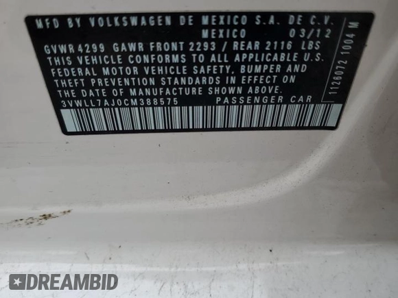 2012 Volkswagen Jetta TDI с VIN 3VWLL7AJ0CM388575, выставлен на аукционе Copart как лот 60374835 с пробегом 187 867 миль миль и Списание • Salvage title. История ставок и продаж доступна на DreamBid. Изображение 13.