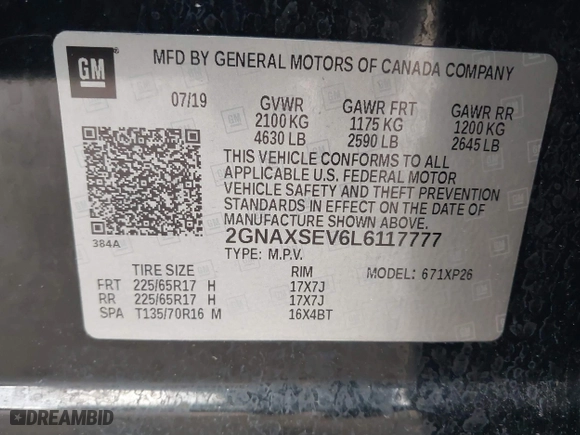 2020 Chevrolet Equinox LS with VIN 2GNAXSEV6L6117777, listed as a IAAI auction lot 41516894 with 58,108 mi miles. Bid and sale history available at carsss.com. Image 9.