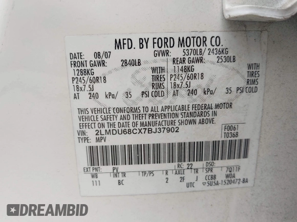 2007 Lincoln MKX with VIN 2LMDU68CX7BJ37902, listed as a IAAI auction lot 42182382 with 110,980 mi miles and . Bid and sale history available at DreamBid. Image 9.