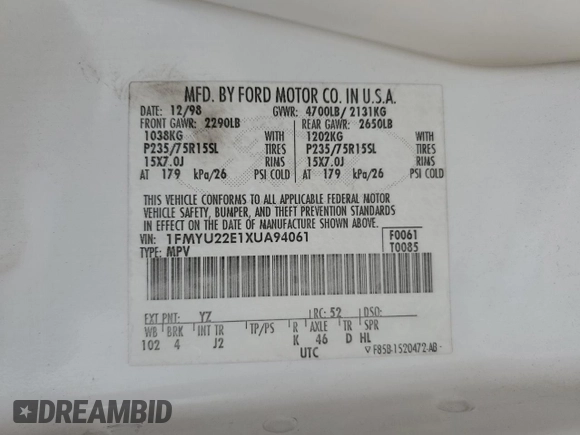 1999 Ford Explorer with VIN 1FMYU22E1XUA94061, listed as a Copart auction lot 44463165 with 172,246 mi miles and Salvage title. Bid and sale history available at DreamBid. Image 13.