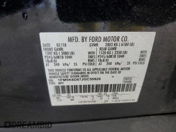 2018 Ford Explorer XLT z VIN 1FM5K8D87JGC55926, wystawiony jako Copart lot #57033875 z przebiegiem 197 354 mil mil oraz Szkoda całkowita • Salvage title. Historia ofert i sprzedaży dostępna na DreamBid. Obrazek 12.