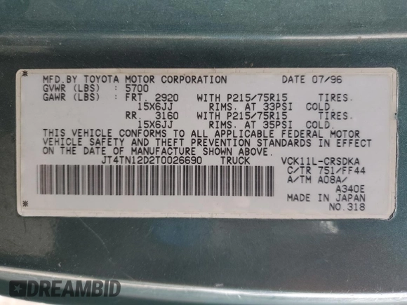 1996 Toyota T100 DX z VIN JT4TN12D2T0026690, wystawiony jako Copart lot #52937955 z przebiegiem 287 729 mil mil oraz Tytuł czysty. Historia ofert i sprzedaży dostępna na DreamBid. Obrazek 12.