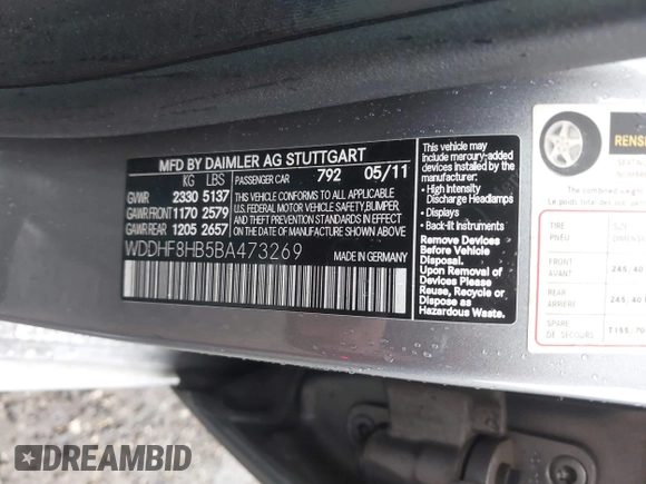 2011 Mercedes-Benz E 350 Luxury with VIN WDDHF8HB5BA473269, listed as a IAAI auction lot 42175007 with 121,506 mi miles and . Bid and sale history available at DreamBid. Image 9.