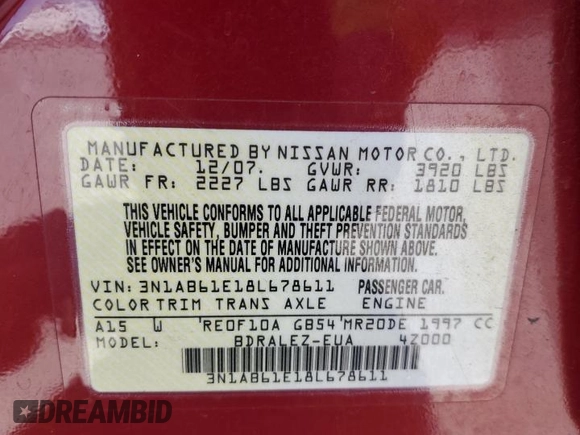 2008 Nissan Sentra S with VIN 3N1AB61E18L678611, listed as a Copart auction lot 56008825 with 139,683 mi miles and Salvage Title. Bid and sale history available at DreamBid. Image 12.