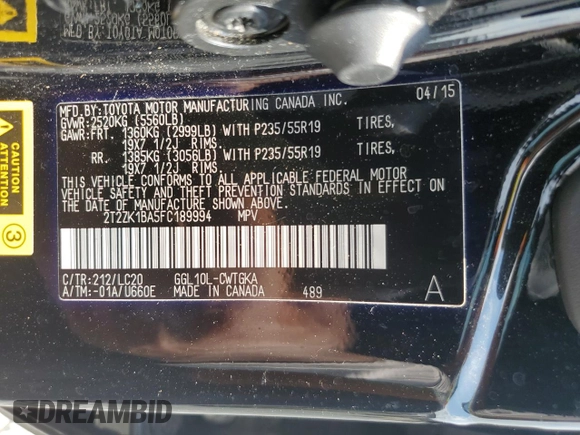2015 Lexus RX 350 with VIN 2T2ZK1BA5FC189994, listed as a Copart auction lot 56860195 with 69,600 mi miles and Salvage title. Bid and sale history available at DreamBid. Image 13.
