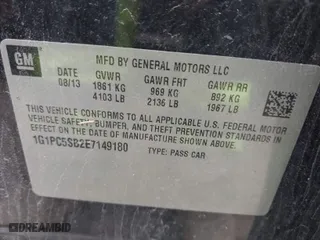 2014 Chevrolet Cruze 1LT with VIN 1G1PC5SB2E7149180, listed as a IAAI auction lot 42010987 with 122,787 mi miles. Bid and sale history available at carsss.com. Image 9.