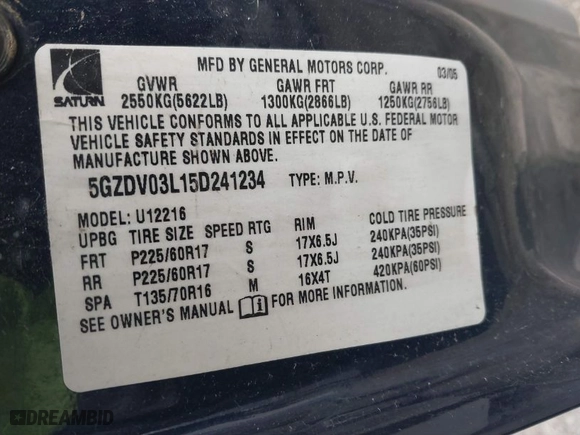 2005 Saturn Relay with VIN 5GZDV03L15D241234, listed as a IAAI auction lot 41625326 with NaN miles. Bid and sale history available at carsss.com. Image 9.