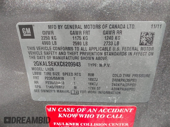 2012 GMC Terrain SLE-2 with VIN 2GKALSEKXC6209943, listed as a IAAI auction lot 42661672 with 149,819 mi miles and . Bid and sale history available at DreamBid. Image 9.