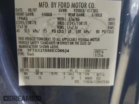 2008 Ford F-250 XL with VIN 1FTSX21558EC06634, listed as a Copart auction lot 54959565 with 265,722 mi miles and Clean title. Bid and sale history available at DreamBid. Image 12.