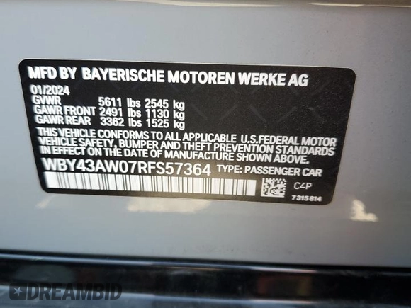 2024 BMW i4 eDrive35 with VIN WBY43AW07RFS57364, listed as a Copart auction lot 47757815 with 5,226 mi miles and Salvage Title. Bid and sale history available at carsss.com. Image 15.