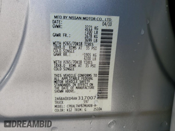 2010 Nissan Titan SE with VIN 1N6BA0ED4AN317007, listed as a Copart auction lot 42290495 with 130,724 mi miles and Salvage Title. Bid and sale history available at carsss.com. Image 12.