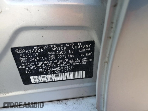 2013 Hyundai Sonata with VIN KMHEC4A46DA086612, listed as a Copart auction lot 55362635 with Not Provided miles and Clean Title. Bid and sale history available at carsss.com. Image 12.