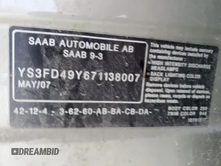 2007 Saab 9-3 z VIN YS3FD49Y671138007, wystawiony jako Copart lot #53577375 z przebiegiem Nie podano mil oraz Szkoda całkowita • Salvage title. Historia ofert i sprzedaży dostępna na DreamBid. Obrazek 12.