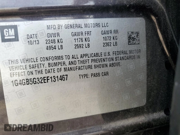 2014 Buick LaCrosse Leather with VIN 1G4GB5G32EF131467, listed as a Copart auction lot 62420344 with 142,224 mi miles and Salvage Title. Bid and sale history available at carsss.com. Image 13.