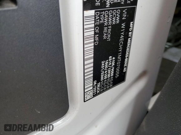 2021 Mercedes-Benz Sprinter Cargo with VIN W1Y4ECHY1MT070055, listed as a Copart auction lot 76815204 with 76,282 mi miles and Salvage Title. Bid and sale history available at carsss.com. Image 13.