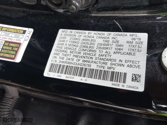 2018 Honda CR-V LX with VIN 2HKRW6H33JH226755, listed as a IAAI auction lot 41952925 with 119,580 mi miles. Bid and sale history available at carsss.com. Image 9.