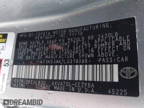 2020 Toyota Camry XSE with VIN 4T1K61AK1LU318098, listed as a IAAI auction lot 41097712 with 64,118 mi miles and . Bid and sale history available at DreamBid. Image 9.