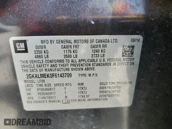2015 GMC Terrain SLE z VIN 2GKALMEK0F6143709, wystawiony jako Copart lot #57421565 z przebiegiem 128 517 mil mil oraz Czysty tytuł • Clean title. Historia ofert i sprzedaży dostępna na DreamBid. Obrazek 13.