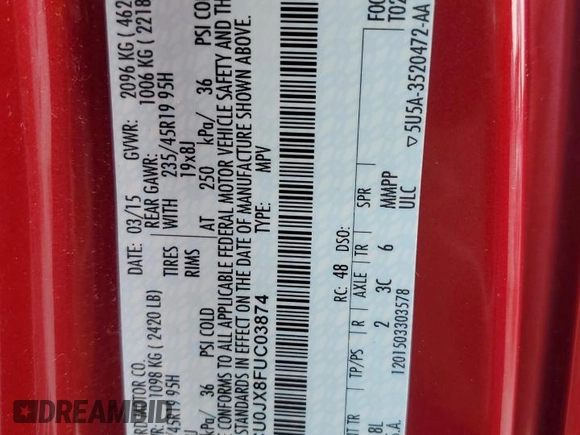 2015 Ford Escape Titanium with VIN 1FMCU0JX8FUC03874, listed as a Copart auction lot 61259665 with 98,933 mi miles and Salvage title. Bid and sale history available at DreamBid. Image 13.