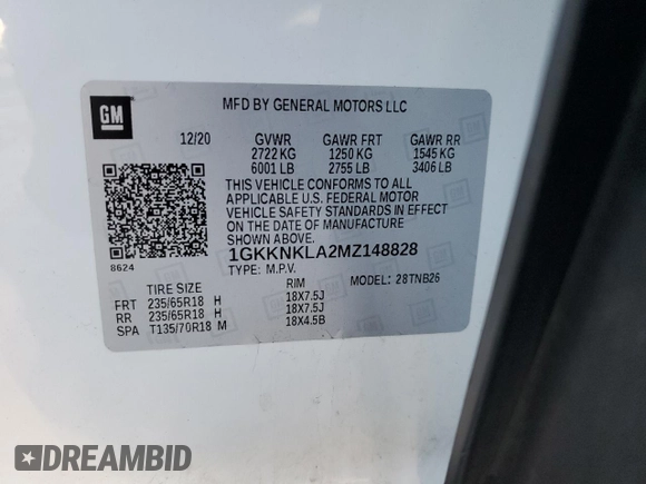 2021 GMC Acadia SLE with VIN 1GKKNKLA2MZ148828, listed as a Copart auction lot 48356075 with 63,191 mi miles and Salvage Title. Bid and sale history available at DreamBid. Image 15.