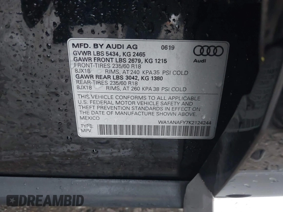 2019 Audi Q5 Premium with VIN WA1ANAFY7K2124244, listed as a IAAI auction lot 41251080 with 101,767 mi miles. Bid and sale history available at carsss.com. Image 9.